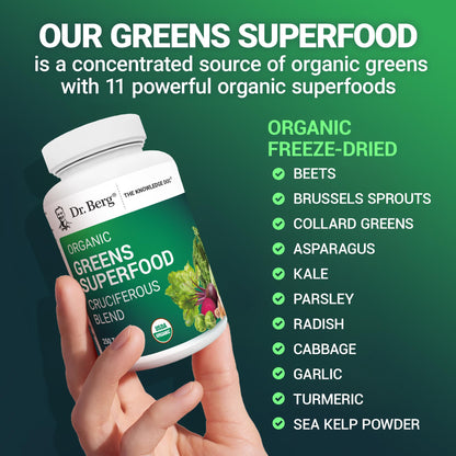 Dr. Berg's Greens Superfood Cruciferous Vegetable Tablets - Vegetable Supplements for Adults w/ 11 Phytonutrient Super Greens - Energy, Immune System & Liver Veggie Tablets - 90 Tablet