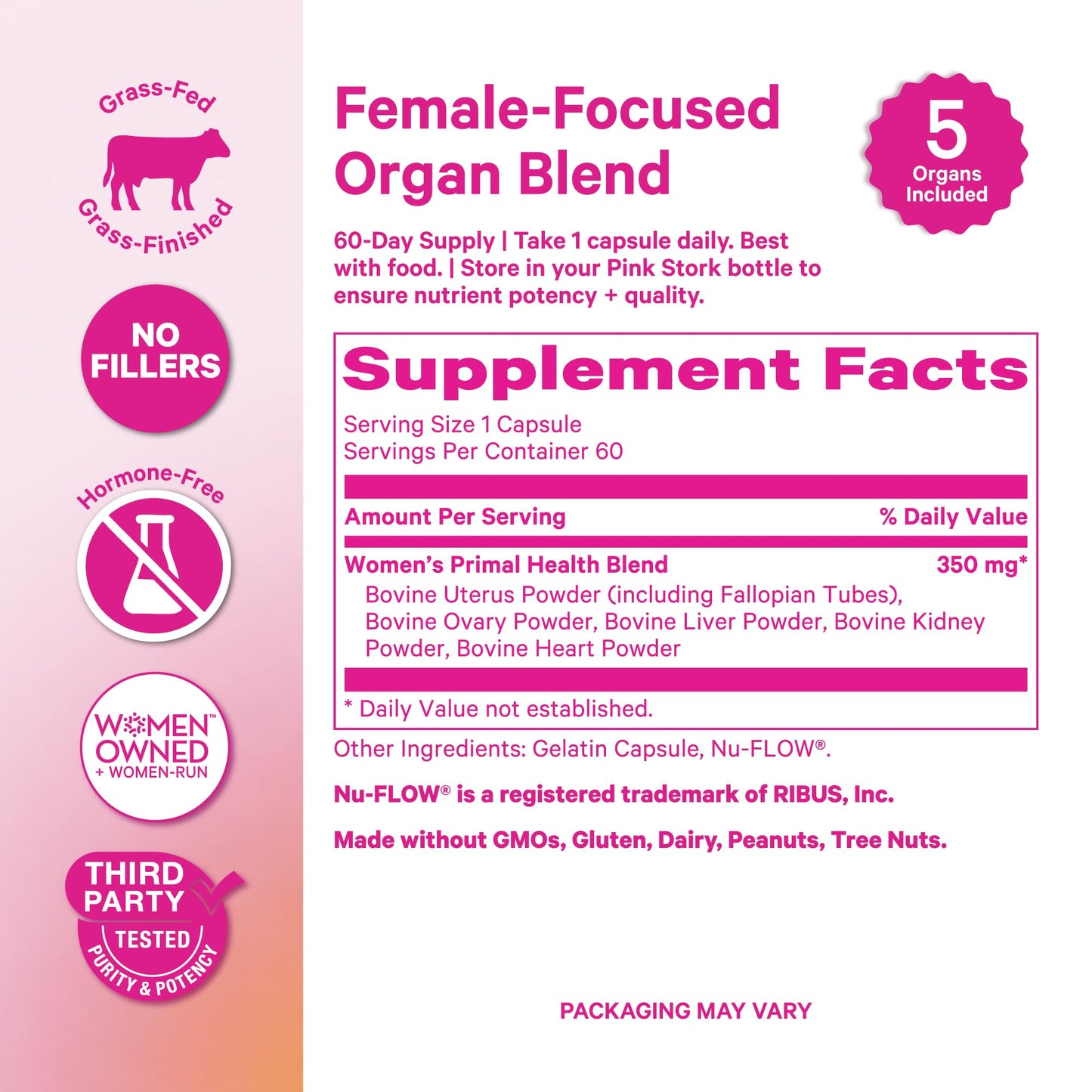 Pink Stork Beef Organ Supplement for Women, Clean Label, 60 Capsules | Grass-Fed Beef Liver Capsules, Iron, B12, CoQ10, Vitamin A, Primal Multivitamin for Hormone + Energy Support