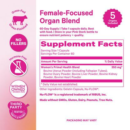 Pink Stork Beef Organ Supplement for Women, Clean Label, 60 Capsules | Grass-Fed Beef Liver Capsules, Iron, B12, CoQ10, Vitamin A, Primal Multivitamin for Hormone + Energy Support