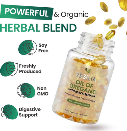 Resilia Black Seed Oil Softgels – Organic Oil of Oregano Capsules for Immune & Digestive Support – Non-GMO, Gluten-Free – New Bottle Packaging (60 Count)