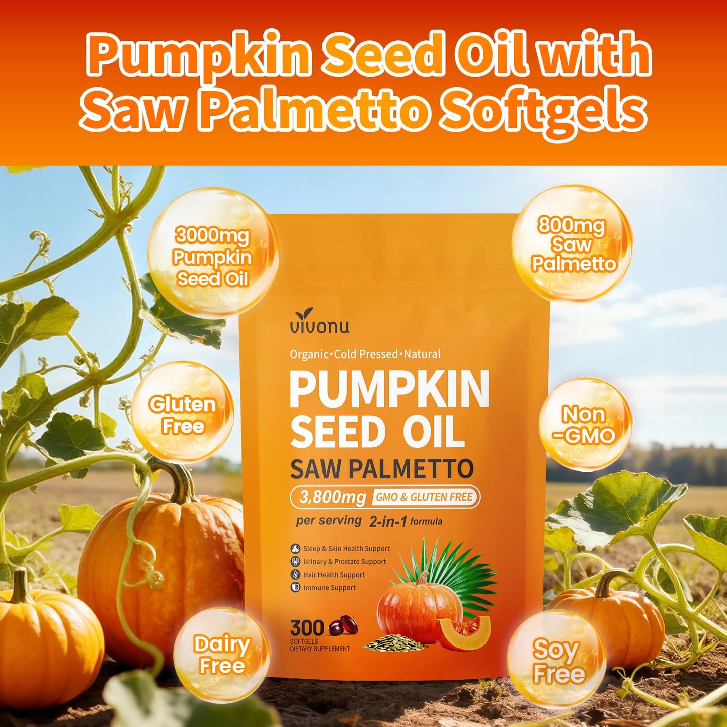 VivoNu Pumpkin Seed Oil with Saw Palmetto Capsules,3800mg 300 Softgels | Cold Pressed,Pure Virgin Oil,Essential Fatty Acids&Phytosterols | Supports Hair,Urinary,Bladder&Prostate Health|Non-GMO
