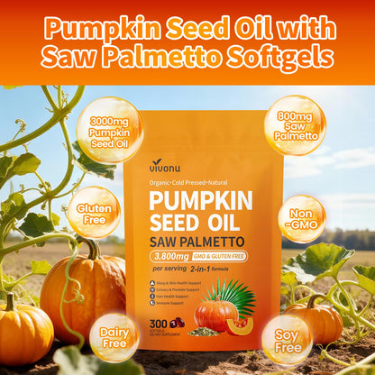 VivoNu Pumpkin Seed Oil with Saw Palmetto Capsules,3800mg 300 Softgels | Cold Pressed,Pure Virgin Oil,Essential Fatty Acids&Phytosterols | Supports Hair,Urinary,Bladder&Prostate Health|Non-GMO