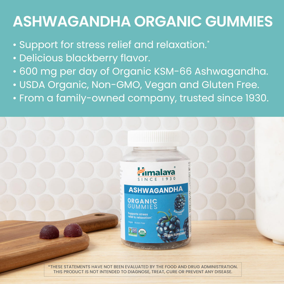 Himalaya USDA Organic Ashwagandha Root, 670 mg, 60 Day Supply, 60 Caplets