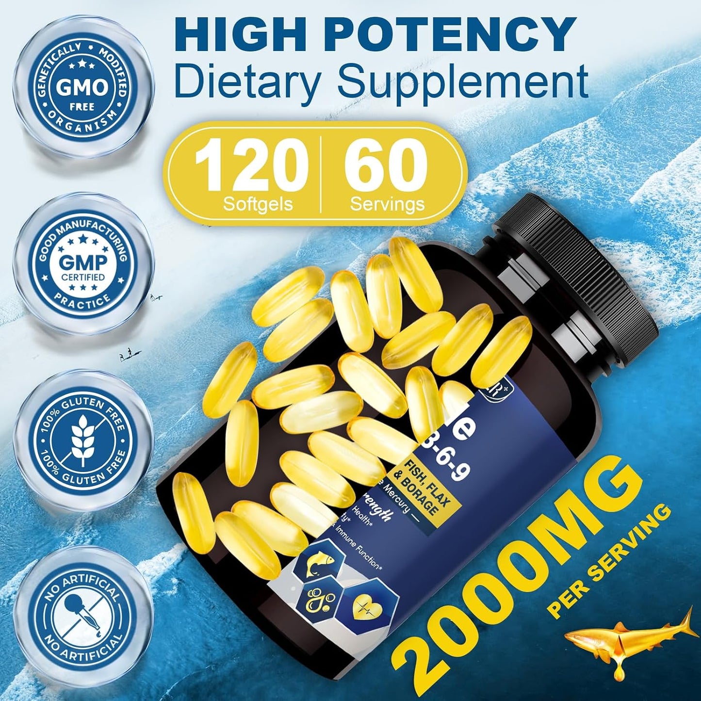 Triple Omega 3-6-9 Fish Oil 2000mg with Vitamin E - EPA & DHA Fatty Acids Supplement - Supports Heart, Brain, Eye, Joint, Skin & Immune Health - Includes Flaxseed & Borage, Non-GMO, 120 Softgels