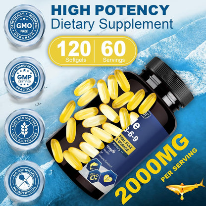 Triple Omega 3-6-9 Fish Oil 2000mg with Vitamin E - EPA & DHA Fatty Acids Supplement - Supports Heart, Brain, Eye, Joint, Skin & Immune Health - Includes Flaxseed & Borage, Non-GMO, 120 Softgels