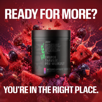 RAW Thuper Thavage Pre Workout Powder - High-Stim Preworkout with Creatine, Beta Alanine, L-Citrulline & Caffeine - Chris Bumstead Gym & Fitness Supplement for Men & Women - Watermelon Grape