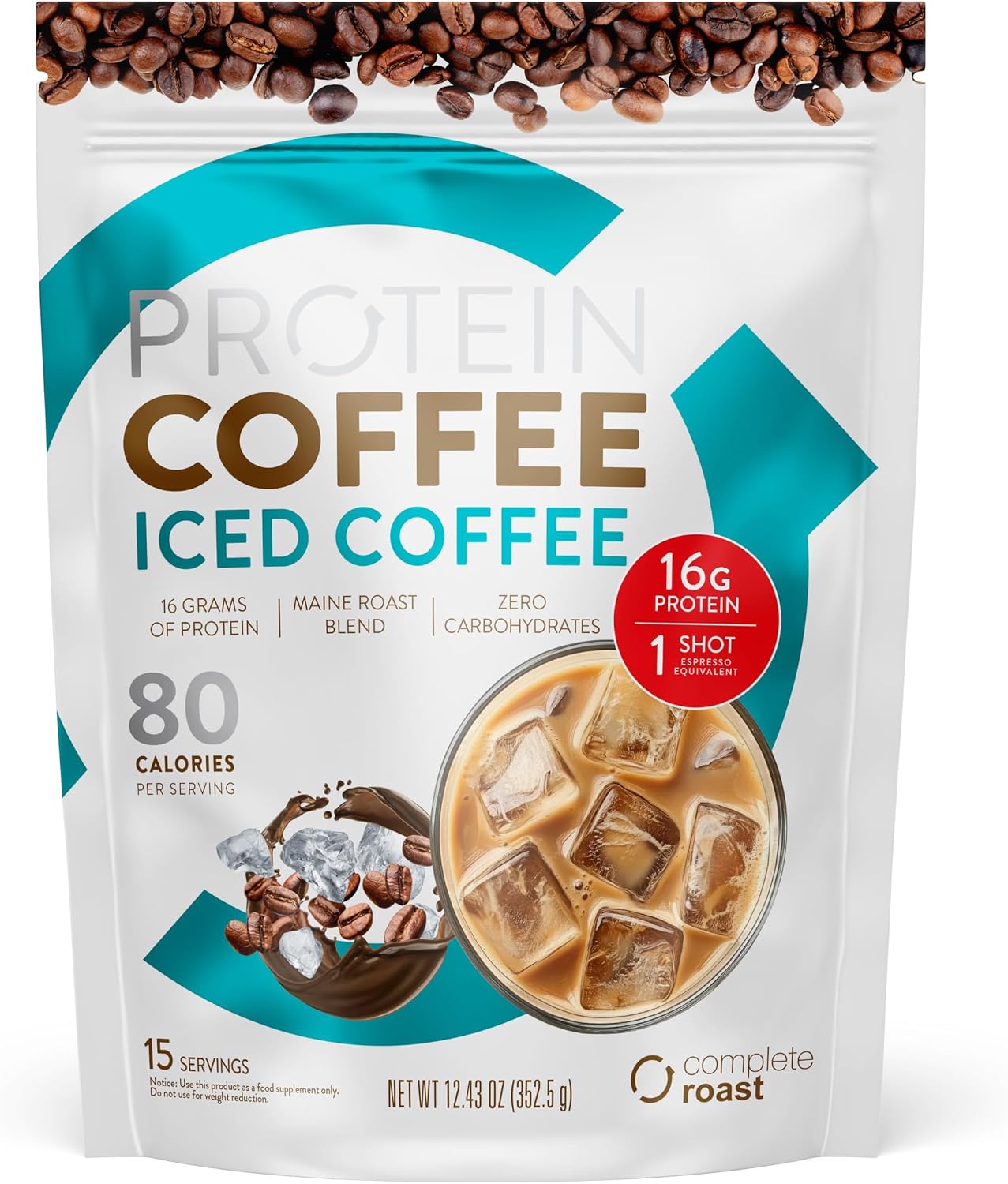 Complete Roast Iced Protein Coffee - 16g Protein, 0 Carbs, Non GMO Whey- 30 serv.