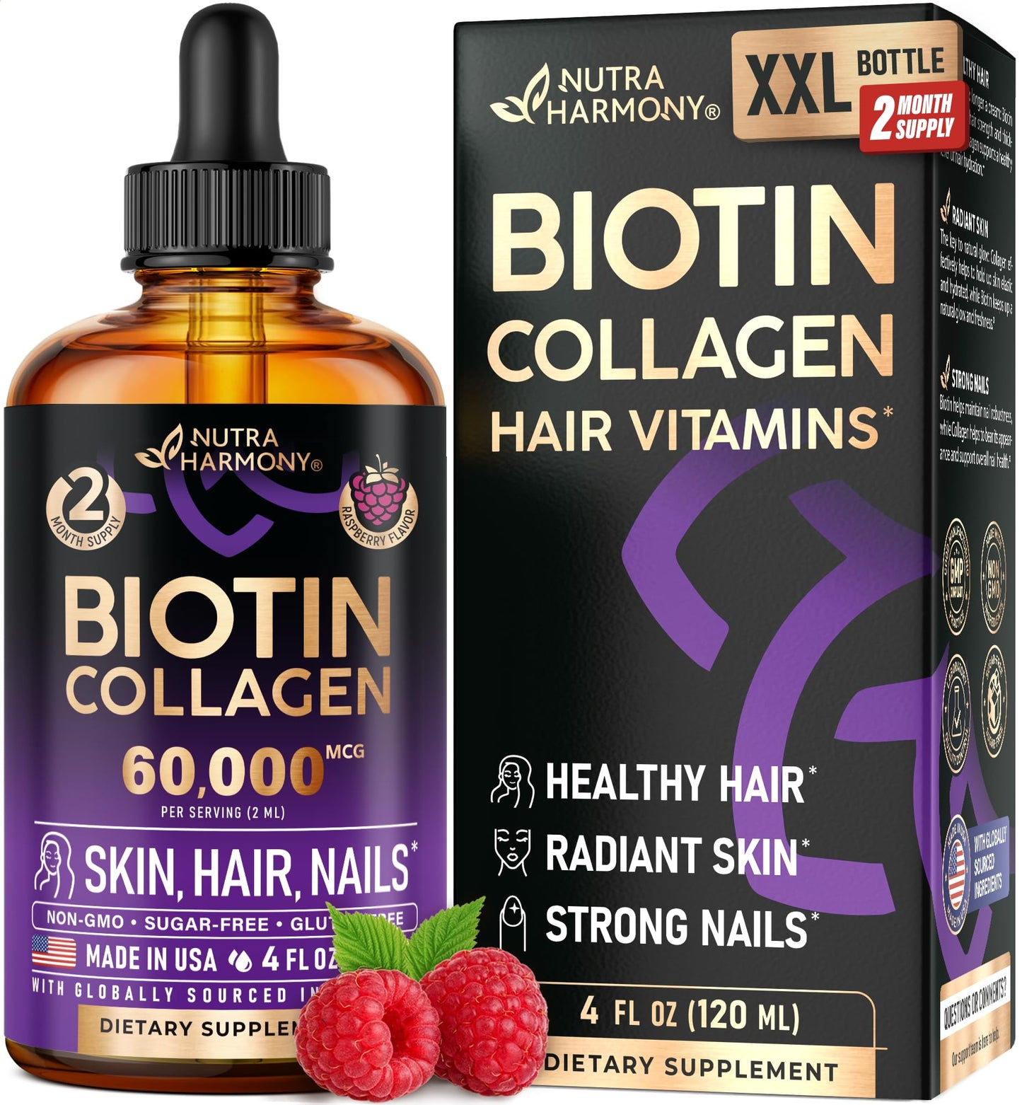 Liquid Biotin & Collagen 60,000 mcg - Vitamins for Hair Growth Support - Extra Strength Drops for Women & Men - Liquid Collagen Supplement - Strong Nails & Healthy Skin - Raspberry Flavor, 2 Fl Oz