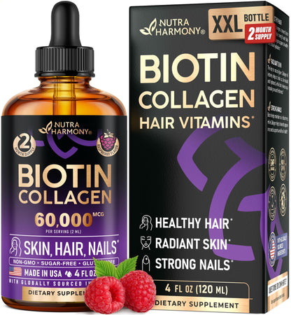 Liquid Biotin & Collagen 60,000 mcg - Vitamins for Hair Growth Support - Extra Strength Drops for Women & Men - Liquid Collagen Supplement - Strong Nails & Healthy Skin - Raspberry Flavor, 2 Fl Oz