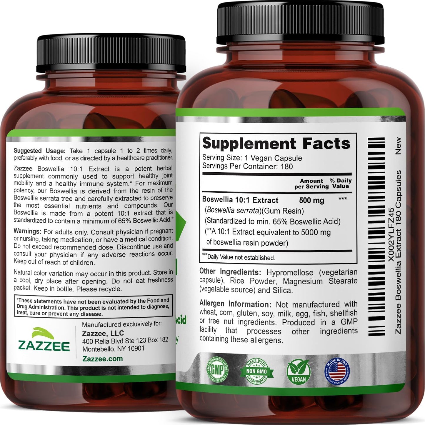 Zazzee Extra Strength Boswellia 10:1 Extract, 65% Boswellic Acid, 180 Vegan Capsules, 6 Month Supply, Boswellia Serrata, Joint Comfort, Mobility & Flexibility Support, Non-GMO, Made in the USA