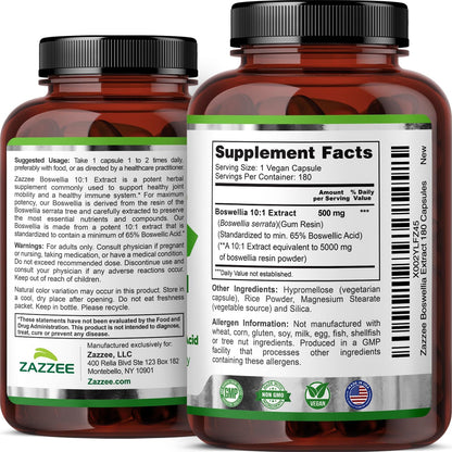 Zazzee Extra Strength Boswellia 10:1 Extract, 65% Boswellic Acid, 180 Vegan Capsules, 6 Month Supply, Boswellia Serrata, Joint Comfort, Mobility & Flexibility Support, Non-GMO, Made in the USA