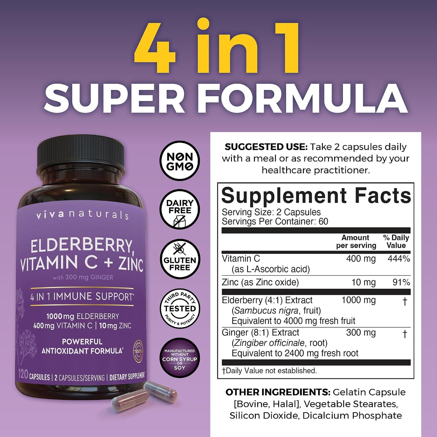 Viva Naturals Elderberry with Vitamin C and Zinc, 120 Capsules - 1000mg Sambucus Elderberry per Serving Immune Support Supplement, Black Elderberry Capsules for Adults, Elderberry Vitamins
