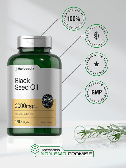 Horbaach Black Seed Oil Cold Pressed Softgel Capsules | 2000mg | 120 Count | Supplement with Omega 6 and 9 | Nigella Sativa | Non-GMO and Gluten Free