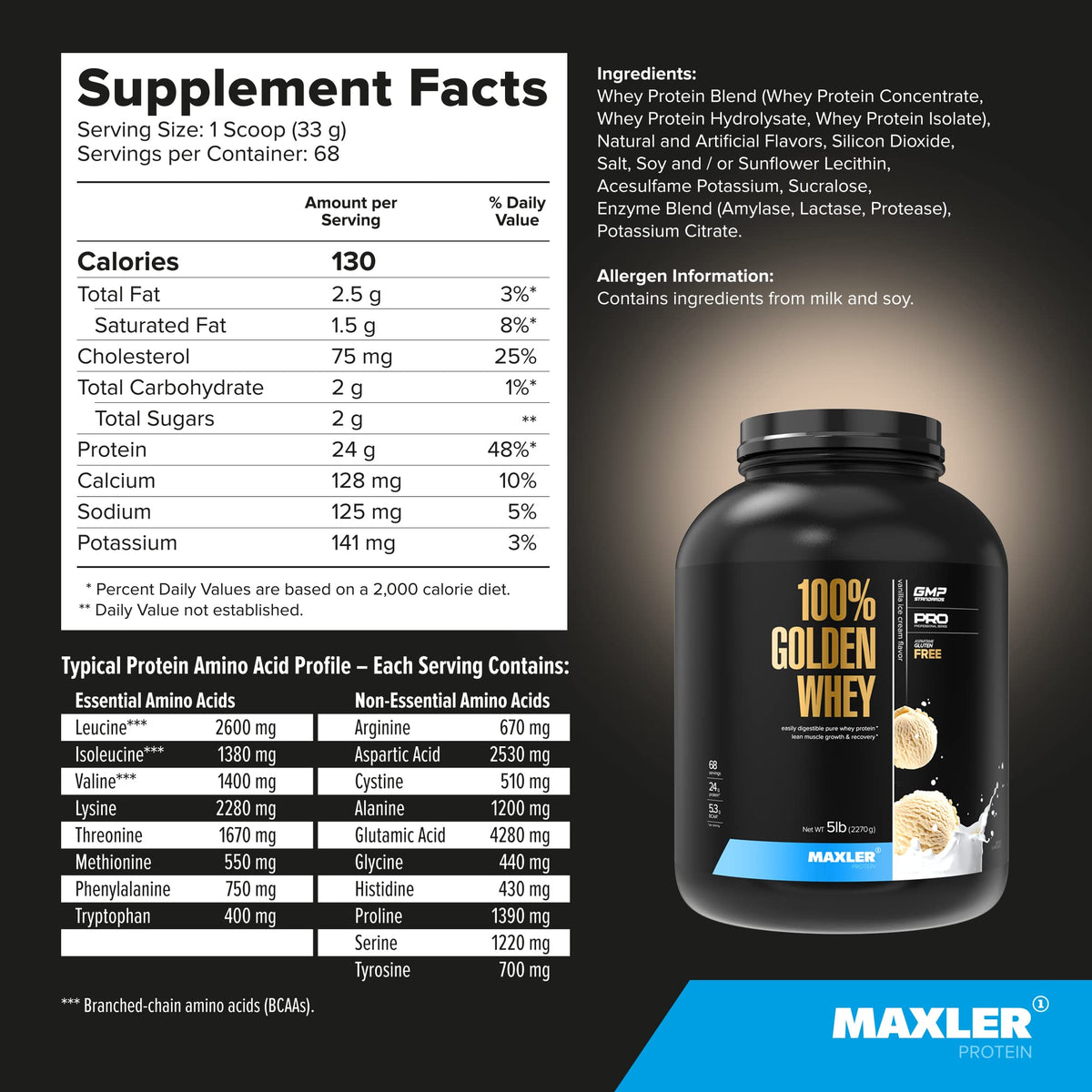 Maxler 100% Golden Whey Protein - 24g of Premium Whey Protein Powder per Serving