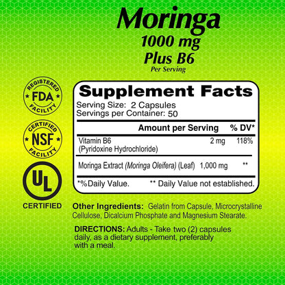 ALFA VITAMINS Moringa with Vitamin B6 Nutrient-Rich Superfood Supplement with Antioxidants & Essential B Vitamins – 100 Capsules (2-Pack)