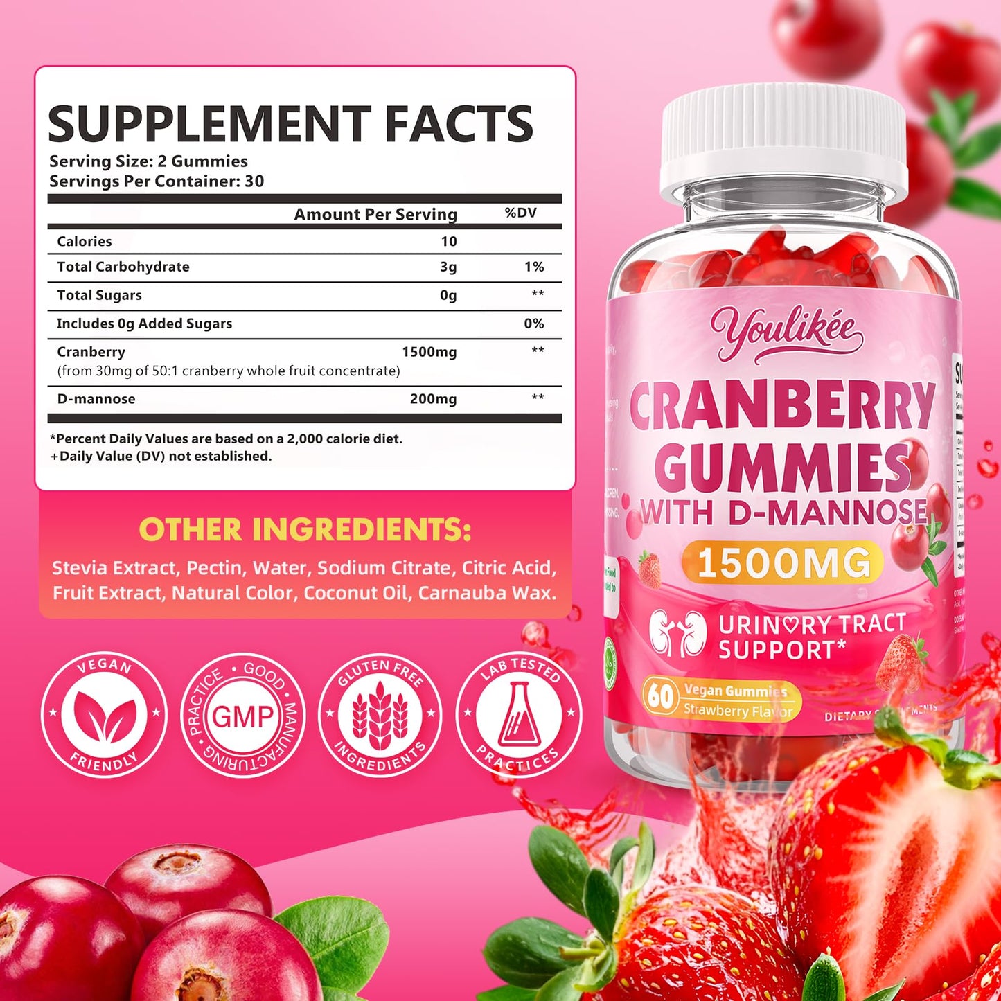 Vegan Cranberry Gummies 1500mg with D Mannose, Strawberry Flavor, 60 Count | Supports Urinary Tract Health for Women & Men, Sugar-free, Non-GMO and Gluten Free