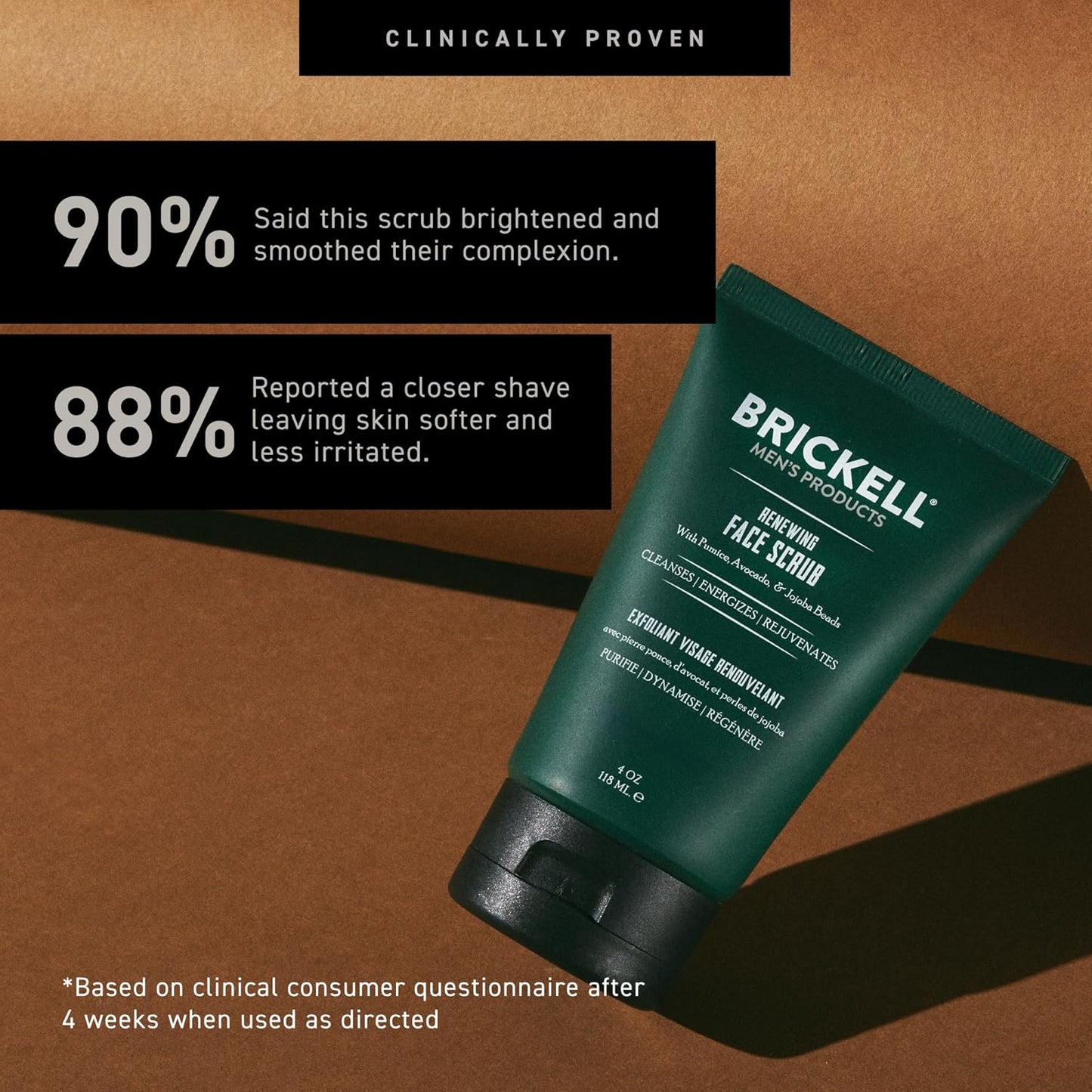 Brickell Men's Renewing Face Scrub for Men, Deep Exfoliating Facial Scrub Formulated with Pumice, Caffeine and Jojoba Beads, 4 Ounce, Scented