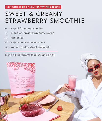 Truvani Organic Plant Based Protein Powder | Strawberry | 10 Servings | Vegan | 20g Pea Protein | Single Serving Travel Packets | Keto | Gluten & Dairy Free | Low Carb
