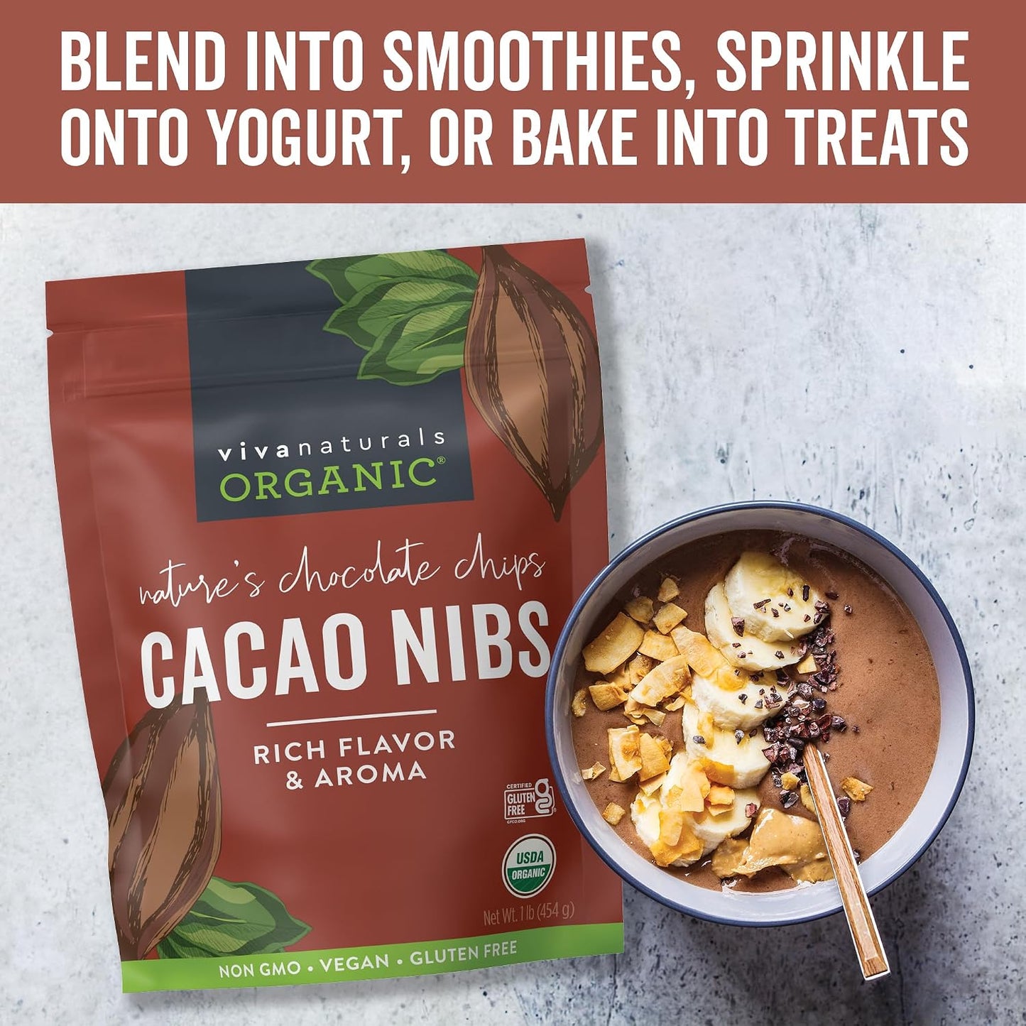 Viva Naturals Organic Cacao Nibs, Unsweetened, 1 LB (454 g), Keto Friendly, Vegan, Non-GMO, Gluten-Free Crunchy Chocolate Chip Substitute