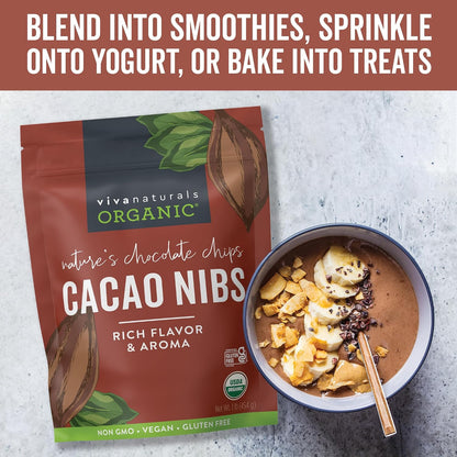 Viva Naturals Organic Cacao Nibs, Unsweetened, 1 LB (454 g), Keto Friendly, Vegan, Non-GMO, Gluten-Free Crunchy Chocolate Chip Substitute