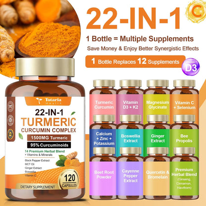 22-in-1 Turmeric Curcumin 2348mg - 95% Curcuminoids with Black Pepper, MCT Oil & Vitamin C - High Absorption Turmeric Curcumin Supplement for Antioxidant, Joint & Immune Support - 120 Capsules