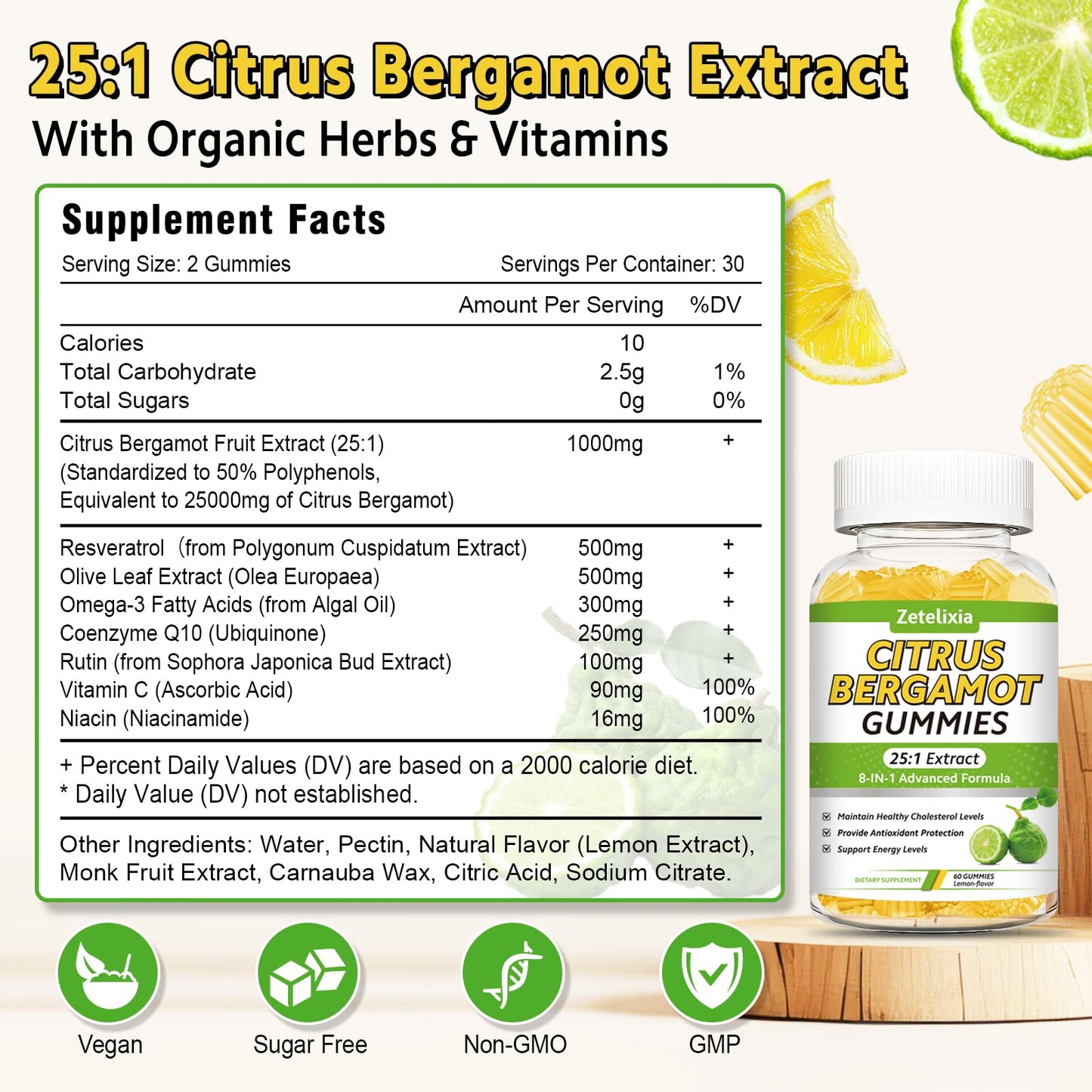 2 Pack Citrus Bergamot Gummies, Citrus Bergamot Supplement for High Cholesterol, Cholesterol Lowering Supplement for Heart, Immune System & Healthy Aging Support, Sugar Free, Lemon Flavor, 120 Cts