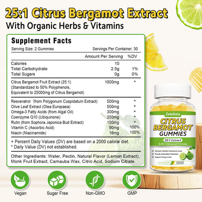 2 Pack Citrus Bergamot Gummies, Citrus Bergamot Supplement for High Cholesterol, Cholesterol Lowering Supplement for Heart, Immune System & Healthy Aging Support, Sugar Free, Lemon Flavor, 120 Cts