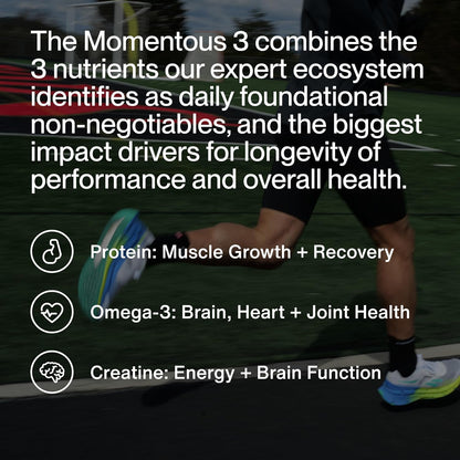 Momentous Three - Creatine Monohydrate Powder (90 Servings), Grass-Fed Whey Protein Powder (Unflavored) & Omega-3 Fish Oil 1600mg - Daily Essentials for Strength, Performance & Lean Muscle Recovery