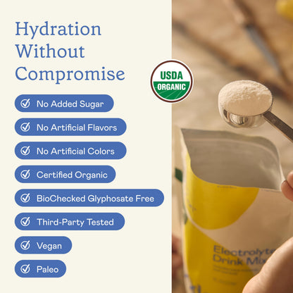 GoodOnya Organic Hydration Electrolyte Drink Mix, Certified Organic Hydration Powder, Non-GMO, Biochecked Glyphosate Free, Low Sugar, Lemonade Flavor, No Artificial Flavors, 42 Servings