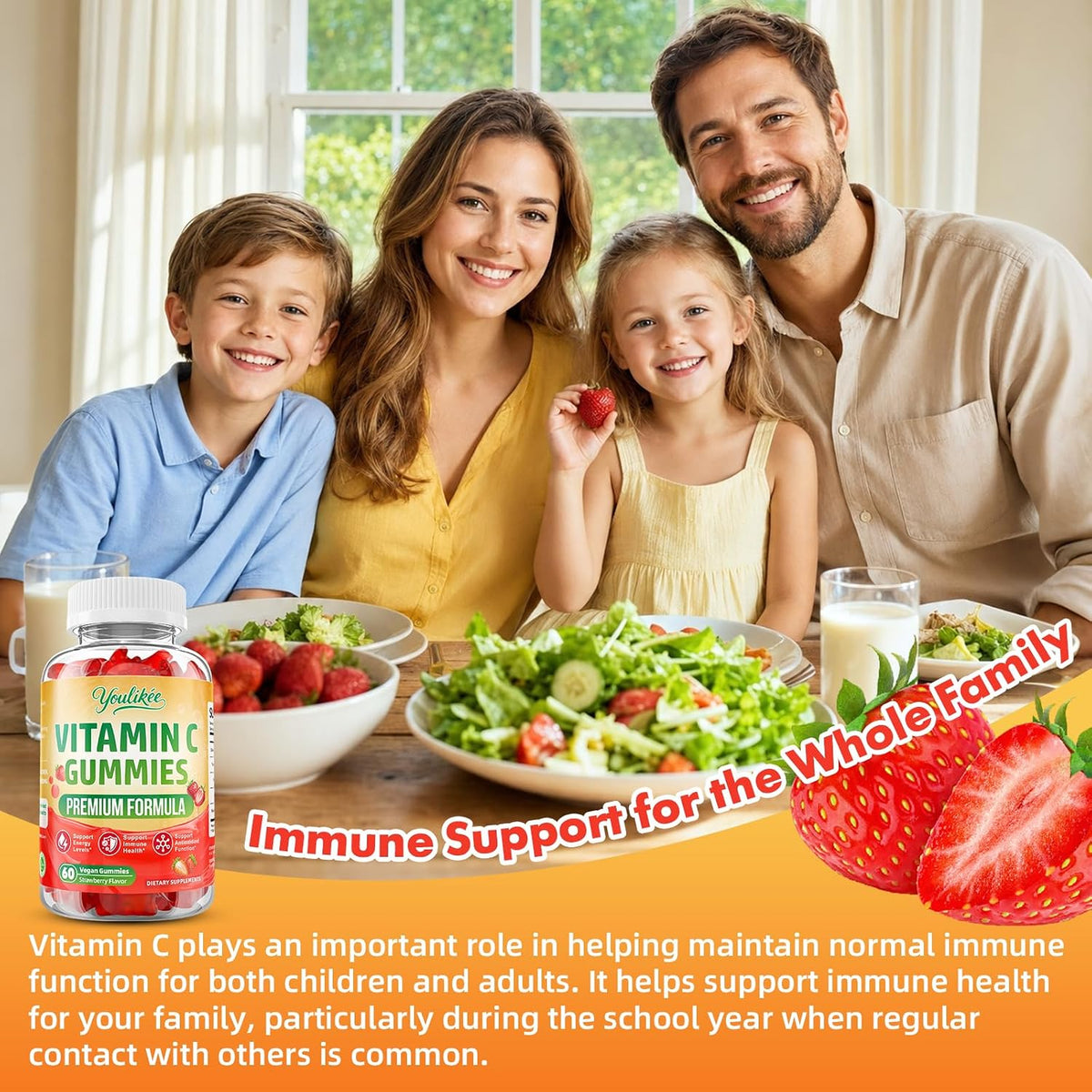 Vitamin C Gummies for Adults, Immune Support Supplement for Energy, 60 Ct | Antioxidant Protection, Non-GMO, Vegan, Sugar-Free, Strawberry Flavor
