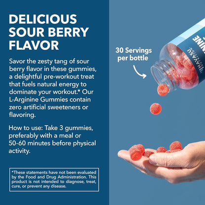L-Arginine with L-Citrulline and Beet Root Gummies, Sour Berry, 30 Servings | Vegan, Non-GMO Nitric Oxide Supplement for Energy, Endurance, and Recovery Support, Energizing Sour Berry Flavor