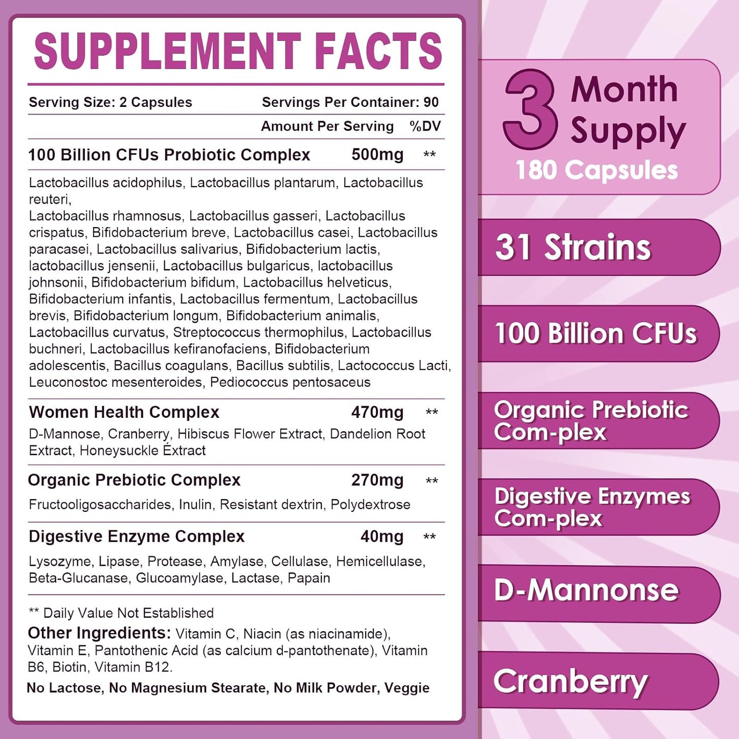 NATURE TARGET Women's Probiotic, 100 Billion CFU, 31 Strains, 90 Servings | With Prebiotic And Enzymes For Digestive Health,Cranberry, D-Mannose Support Urinary Tract & Vaginal Wellness, Shelf-Stable