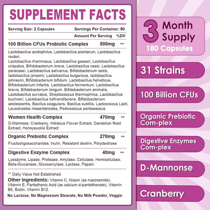 NATURE TARGET Women's Probiotic, 100 Billion CFU, 31 Strains, 90 Servings | With Prebiotic And Enzymes For Digestive Health,Cranberry, D-Mannose Support Urinary Tract & Vaginal Wellness, Shelf-Stable
