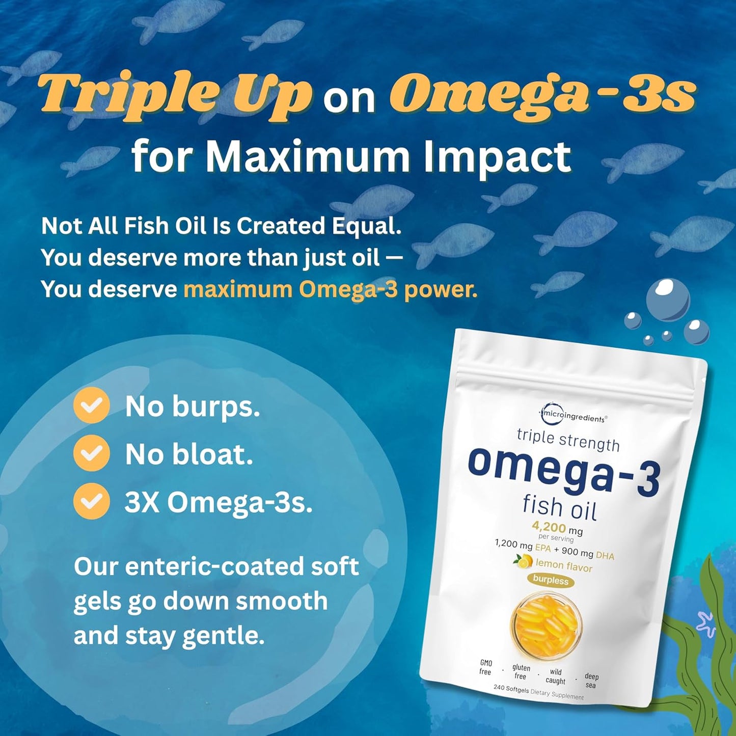 Micro Ingredients Omega-3 Fish Oil 4,200mg Softgels & Mega Probiotics 200 Billion CFU Veggie Capsules | 2 Pack Bundle | Wild-Caught, Burpless, Lemon Flavor | 40 Strains + Inulin, Acacia, & Bromelai