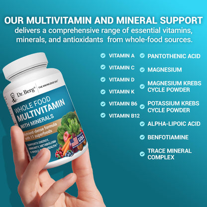 Dr. Berg Whole Food Multivitamin with Minerals - Daily Multivitamin for Men and Women - Includes Premium Whole Food Fruits and Vegetable Blend with Folate, Alpha-lipoic Acid and More - 60 Capsules