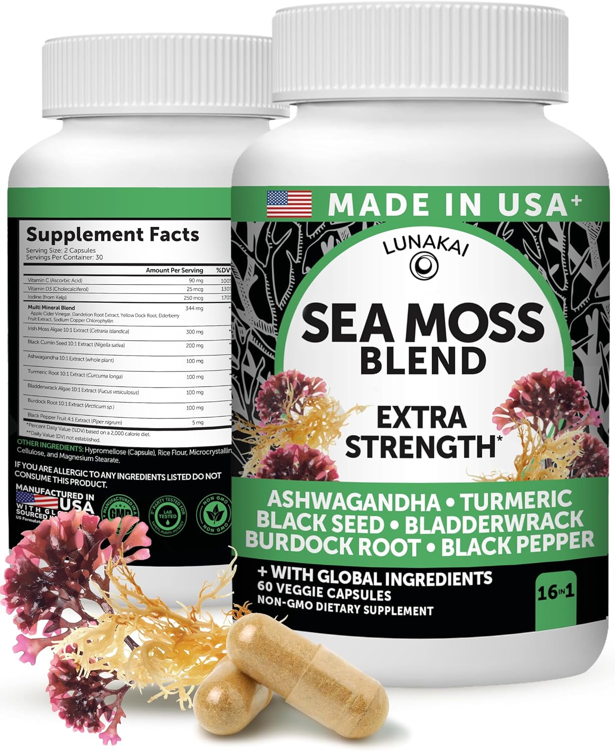 Lunakai USA Made Irish Sea Moss Capsules with Black Seed Oil, Ashwagandha, Burdock Root & Bladderwrack, 60ct
