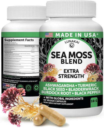 Lunakai USA Made Irish Sea Moss Capsules with Black Seed Oil, Ashwagandha, Burdock Root & Bladderwrack, 60ct