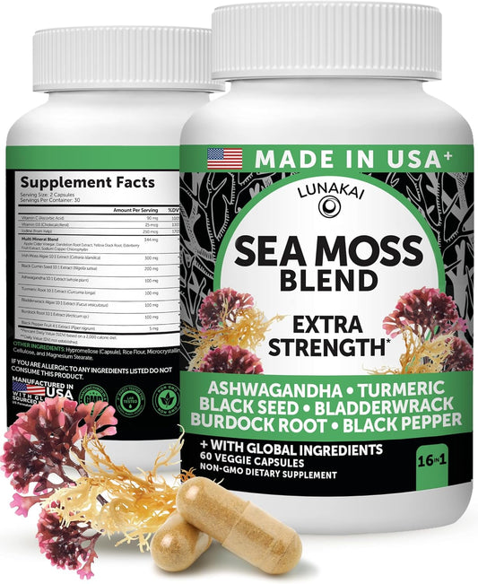 Lunakai USA Made Irish Sea Moss Capsules with Black Seed Oil, Ashwagandha, Burdock Root & Bladderwrack, 60ct