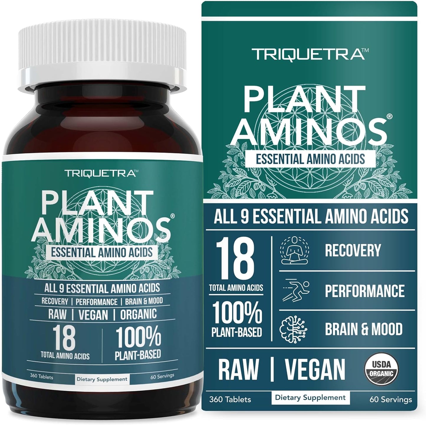 Plant Aminos Organic Essential Amino Acid Supplement (EAAs) & BCAA - 100% Plant-Based Raw, Vegan - All 9 Essential Amino Acids with 18 Total Amino Acids (360 Tablets)