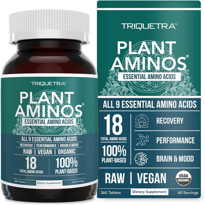Plant Aminos Organic Essential Amino Acid Supplement (EAAs) & BCAA - 100% Plant-Based Raw, Vegan - All 9 Essential Amino Acids with 18 Total Amino Acids (360 Tablets)