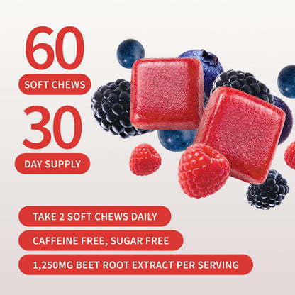 Snap Supplements Nitric Oxide Beet Root Chews, Mixed Berry, 60 Soft Chews | 1,250mg Beet Root Extract per 2 chews CoQ10 & Acai for Cardiovascular, Clean Energy, & Circulation Support, Sugar-Free, Vegan