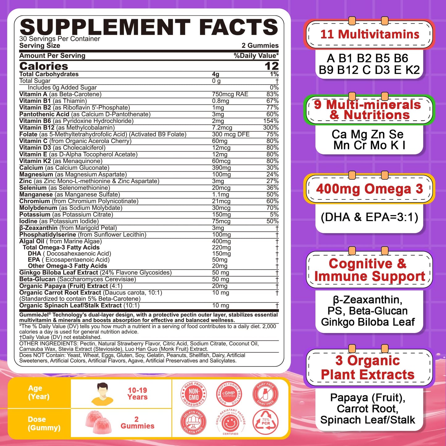 Nextdia Multivitamin Filled Gummies for Teen Boys Girls 12-17, 18, 19, Kids 10+ Multivitamin with Omega 3, Calcium + Magnesium + Zinc, Multi-Minerals for Adolescent 10-19S Brain, Bone, Energy, Immune