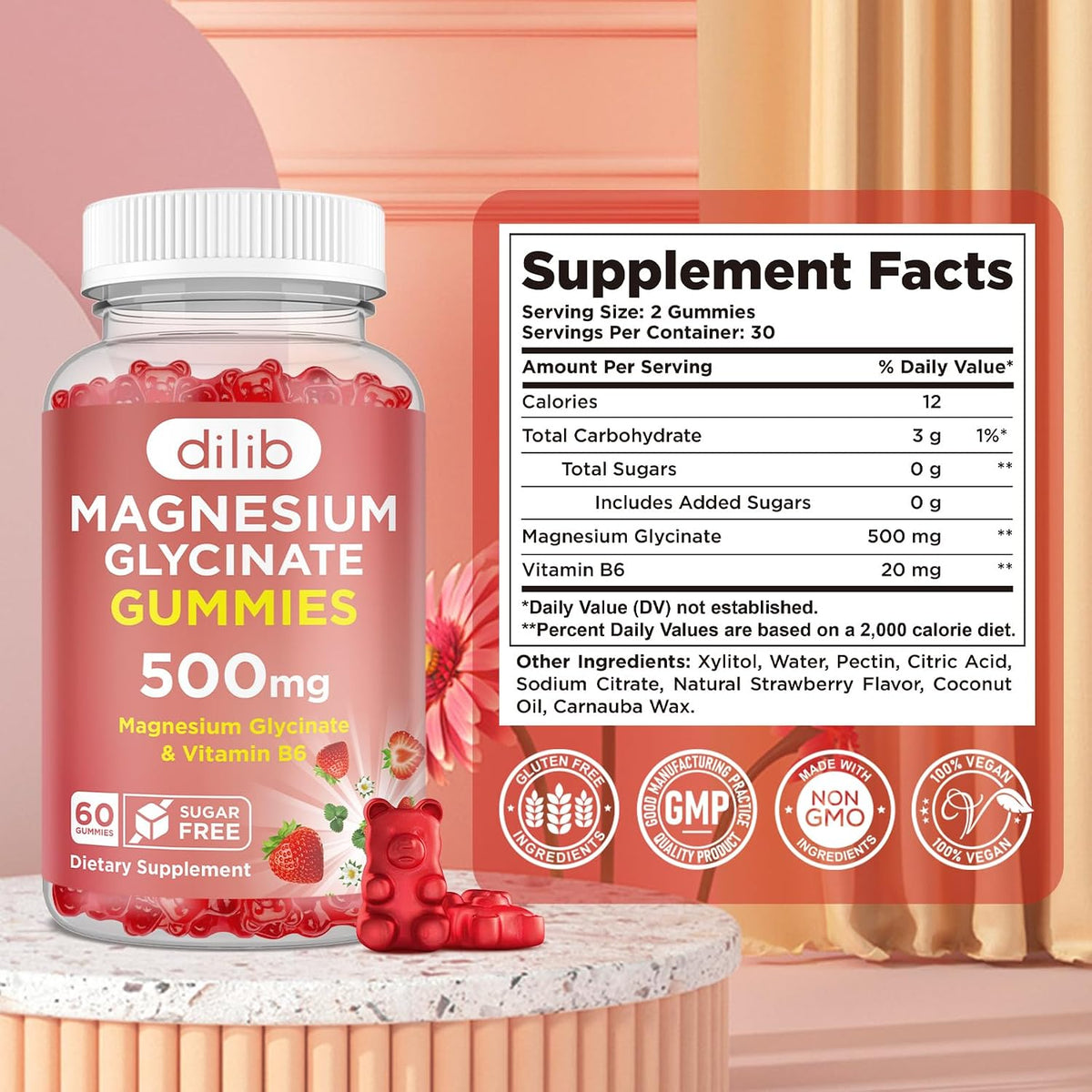 Magnesium Glycinate Gummies 500mg - Magnesium Supplement with Vitamin B6 for Adults & Magnesium for Kids - Calm Magnesium for Sleep, Mood, Muscle Support - Strawberry Flavor, 60 Gummies