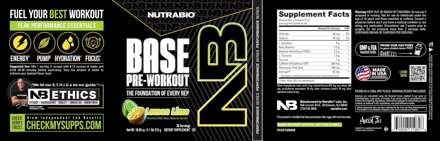 NutraBio Base Pre-Workout Powder 200mg Caffeine, Sustained Energy, Focus, Endurance, Pump, Sugar Free, Clean Preworkout for Men and Women - Beta Alanine, L-Tyrosine, 30 Servings - Lemon Lime