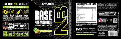 NutraBio Base Pre-Workout Powder 200mg Caffeine, Sustained Energy, Focus, Endurance, Pump, Sugar Free, Clean Preworkout for Men and Women - Beta Alanine, L-Tyrosine, 30 Servings - Lemon Lime