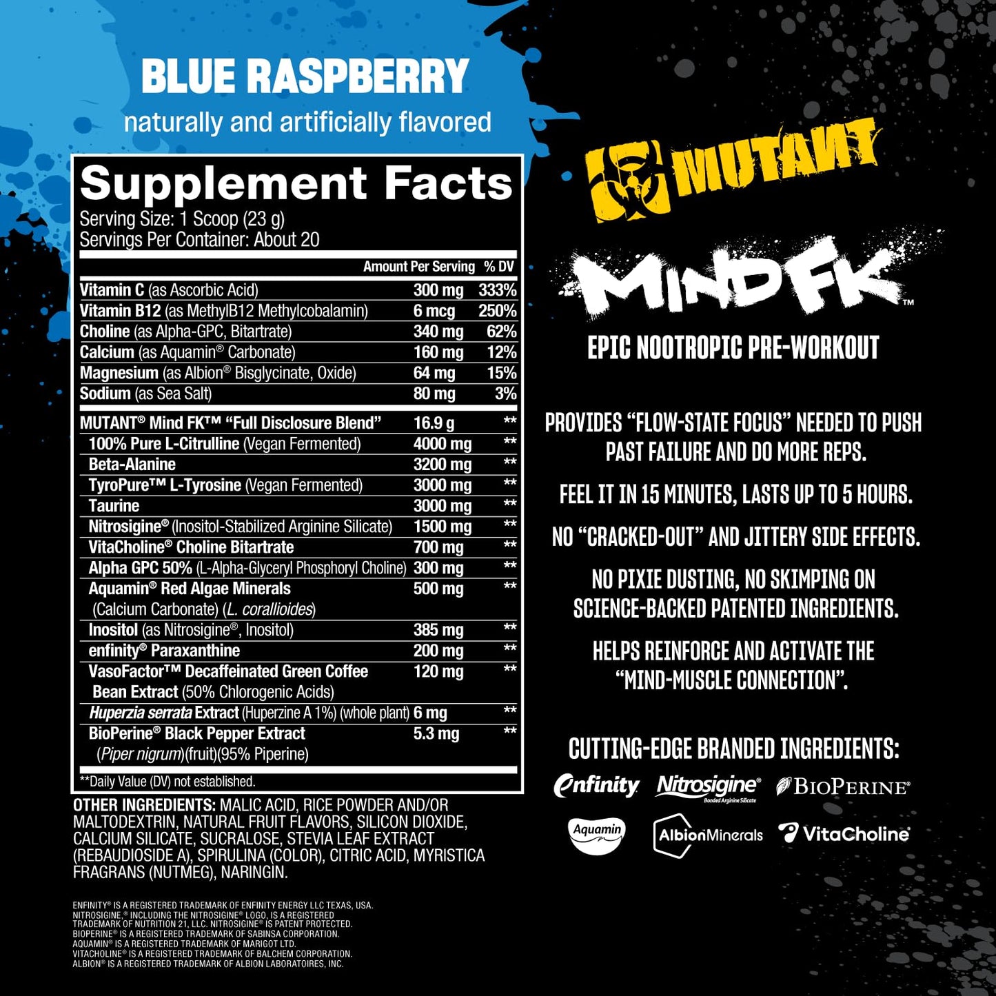 Mutant Mind FK - Epic Nootropic Pre-Workout - Brain Supplement for Mental Focus - 20 Serve - Blue Raspberry - 460g