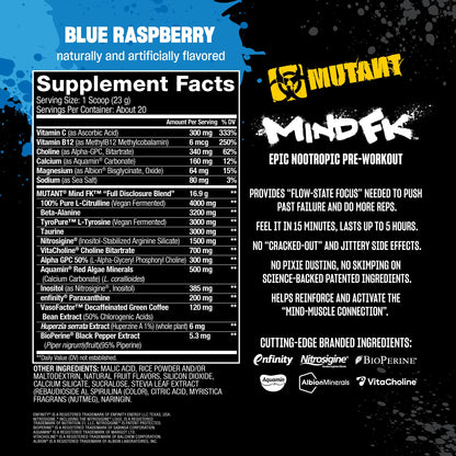 Mutant Mind FK - Epic Nootropic Pre-Workout - Brain Supplement for Mental Focus - 20 Serve - Blue Raspberry - 460g
