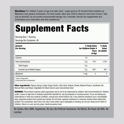 Piping Rock Kids Melatonin Gummy 1mg | 40 Gummies | Cherry Flavor | Vegan, Non-GMO, Gluten Free Supplement