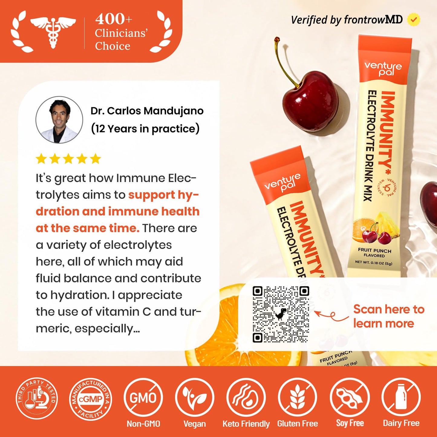 Venture Pal Sugar Free Hydration Packets+Immune-Liquid Daily IV Drink Mix | Electrolyte Powder with 7 Electrolytes & 6 Vitamins, Probiotics + Elderberry | Non-GMO, Keto Friendly, Vegan | 16 Sticks