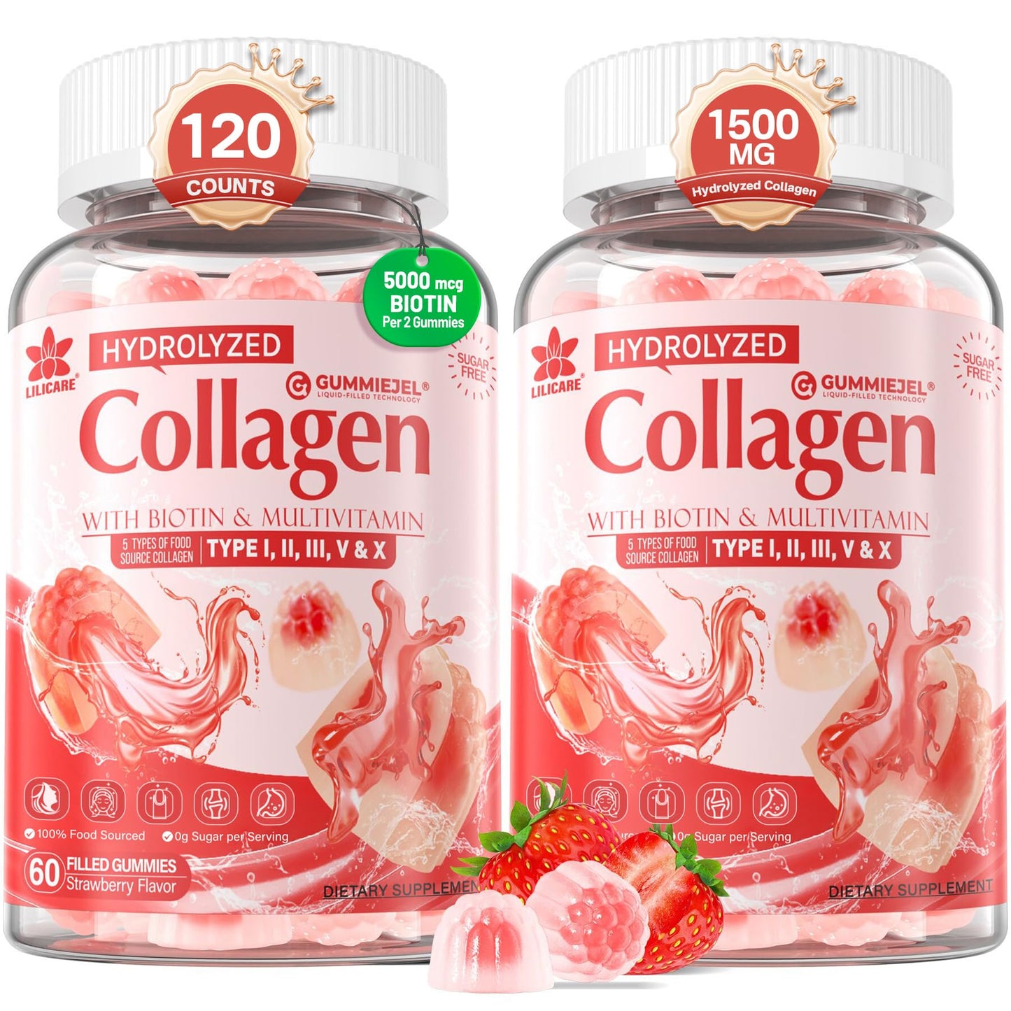 Collagen Peptide Gummies for Women & Men Sugar-Free, Multi Collagen Hydrolyzed w/ 1500mg Protein Type I,II,III,V,X, 5000mcg Biotin, Methylated B12, Vitamin C A E D3 B6 for Skin Hair Nails, Bone, 60Cts